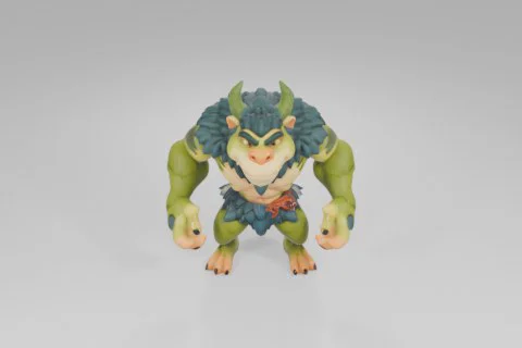 Muscular cartoon creature with green fur, leafy mane, and two curved horns 3D model preview