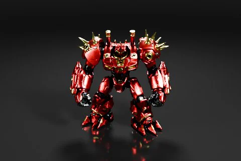 Photograph of a red robot-like figure with a metallic appearance 3D model preview