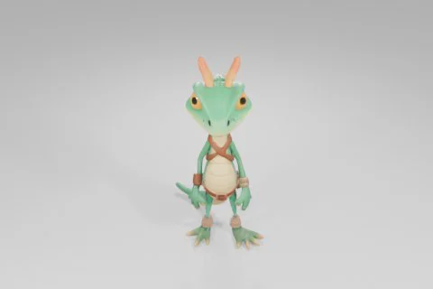 Cartoon lizard character with bright green scales, yellow underbelly, big 3D model preview