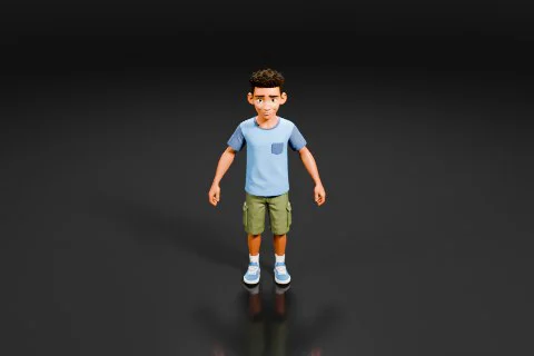 Cartoon boy in a blue shirt and green shorts 3D model preview