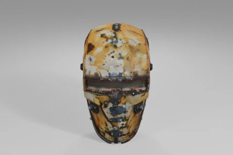 Rusty, weathered metal helmet with a narrow rectangular visor, scattered 3D model preview