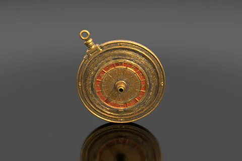 Hyper-detailed antique astrolabe in engraved brass with rotating concentric 3D model preview