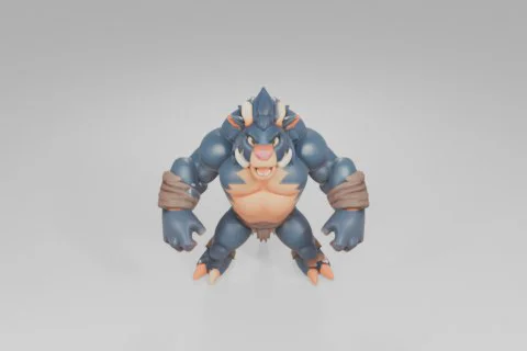 Cartoonish blue and tan minotaur with large horns, tusks, and a muscular 3D model preview
