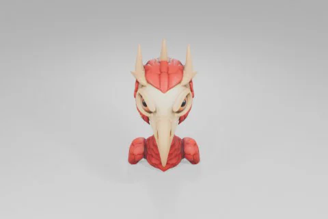 Red bird-like creature with scale-like feathers, large orange eyes, a 3D model preview