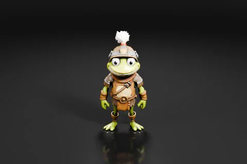 Cartoon frog wearing a helmet with a white feather on top 3D model preview