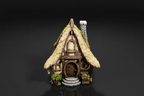 Miniature model of a small cottage with a thatched roof 3D model preview