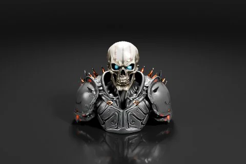 Menacing skull figure with glowing mismatched eyes, inscribed runes on its 3D model preview