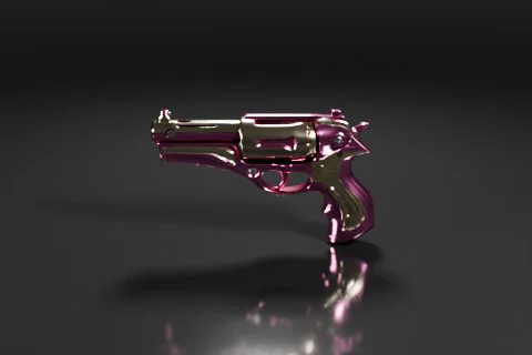 Compact, futuristic handgun with a pink and cream color scheme features 3D model preview