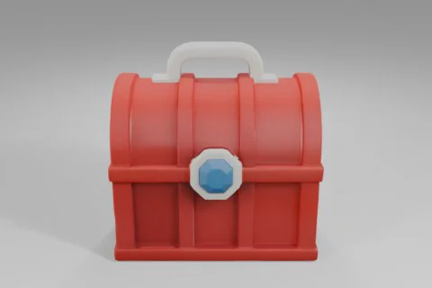 Bright red treasure chest with a curved lid and white handle, decorated with 3D model preview