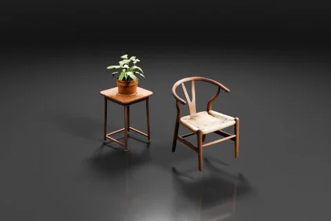 Wooden chair with a curved backrest and woven seat stands beside a small 3D model preview