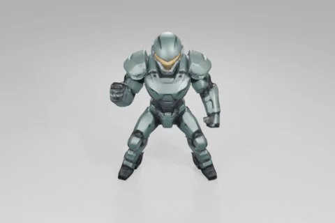 Futuristic armored figure stands confidently, wearing a green exosuit with a 3D model preview