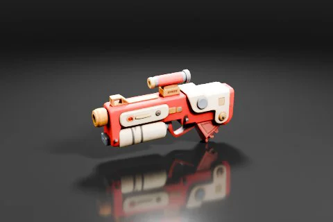 Toy ray gun with a retro-futuristic design in red and beige colors 3D model preview