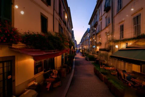 Narrow street in a European city at dusk 3D model preview