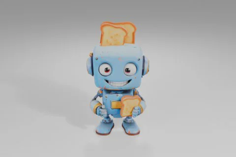 Blue robot with large eyes and a wide smile holds a slice of toast, while two 3D model preview