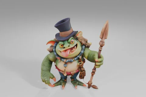 Green, chubby amphibian creature with an open mouth, top hat, feather, tribal 3D model preview