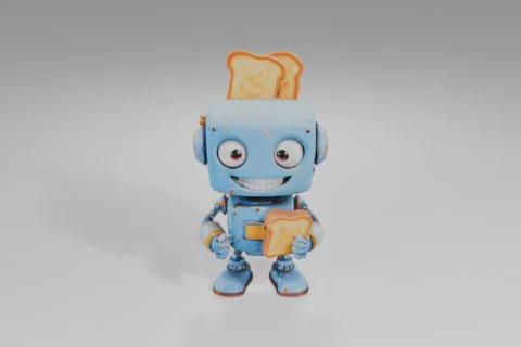 Blue robot with large eyes and a wide smile holds a slice of toast, while two 3D model preview