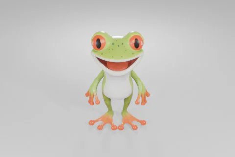 Cheerful cartoon frog with bright orange eyes, green spotted skin, a white 3D model preview