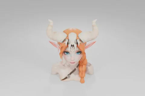 Wide-eyed character with vivid blue eyes, pointed ears, orange braided hair 3D model preview