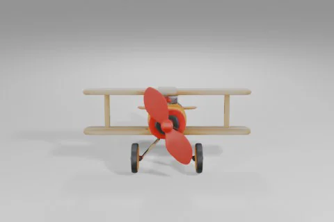 Toy biplane featuring a shiny yellow body, beige wings, large red spinning 3D model preview