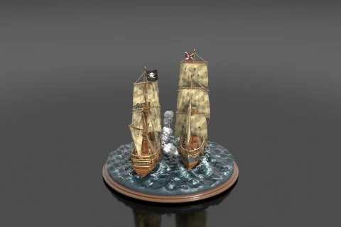 Two miniature pirate ships in combat on a resin ocean diorama base 3D model preview