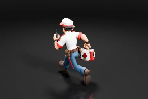 Man wearing a red and white uniform with a white hat and blue jeans 3D model preview