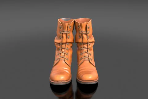 Pair of vintage tan leather ankle boots, cracked patina finish with brass 3D model preview