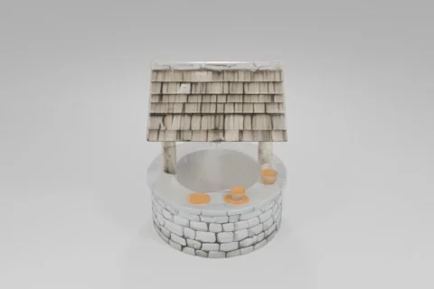 Stone water well with a wooden roof, pulley system, and bucket perched on the 3D model preview