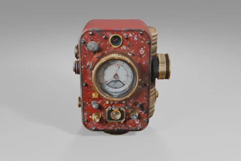 Red, weathered mechanical device featuring a large central gauge, brass 3D model preview