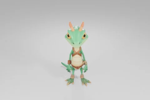 Cartoon lizard character with bright green scales, yellow underbelly, big 3D model preview