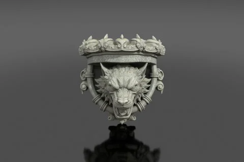 Cracked stone gargoyle gutter spout with weathered moss patches and a 3D model preview