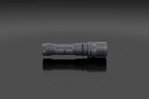 Rugged tactical flashlight in matte black anodized aluminum with a knurled 3D model preview