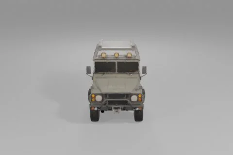 Rugged green military-style off-road vehicle stands on thick tires, equipped 3D model preview