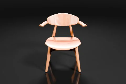 Modern wooden chair with a curved backrest and armrests, smooth finish, and 3D model preview