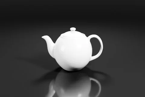 Black and white photograph of a teapot 3D model preview