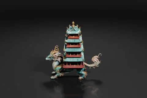 Photograph of a miniature figurine of a Chinese temple 3D model preview