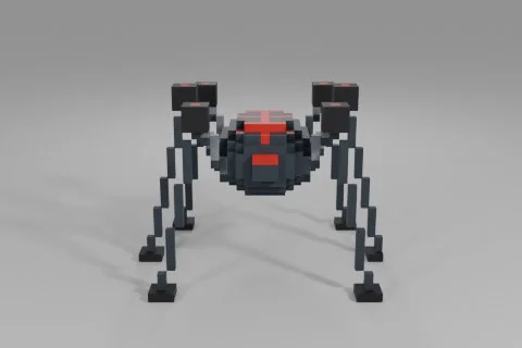 Sleek, metallic spider-like robot stands on six sturdy legs, featuring 3D model preview