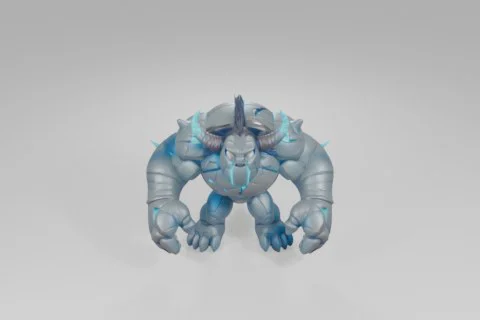 Hulking stone golem with glowing turquoise cracks, large curled horns, spiked 3D model preview