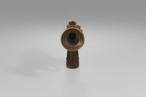 Steampunk-inspired pistol with brass gears, a wooden handle, and a blue 3D model preview