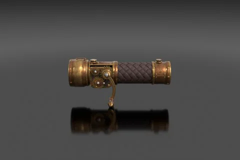 Steampunk hand-cranked brass flashlight, gear mechanism, leather grip 3D model preview