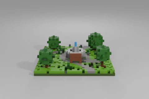 Small, peaceful park features a circular fountain at the center, surrounded 3D model preview
