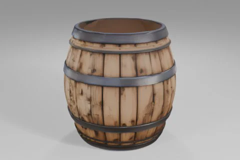 Large wooden barrel reinforced with dark metal bands stands upright, showing 3D model preview