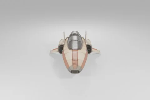 Futuristic spacecraft with a red and beige striped body is shown from the 3D model preview