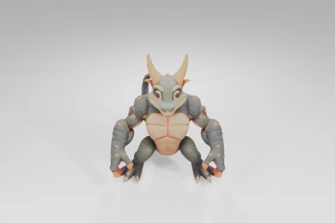 Friendly cartoon dragon with green scaly skin, large orange horns, big 3D model preview
