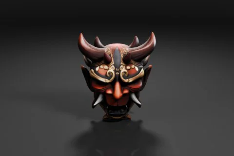 Detailed oni mask with large horns, ornate gold patterns, sharp fangs, and a 3D model preview