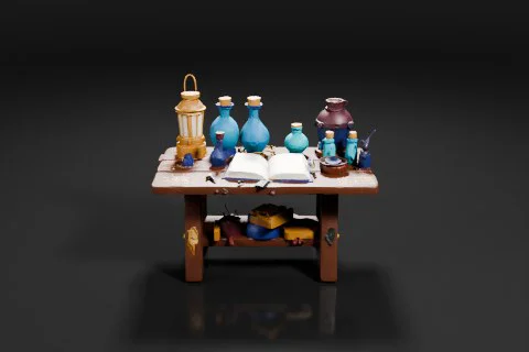 Small wooden table with a variety of decorative items on it 3D model preview