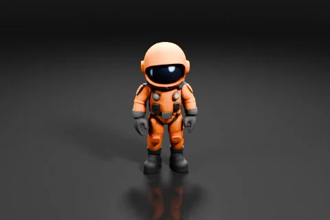 Cartoon-style astronaut wearing an orange spacesuit with black gloves and 3D model preview
