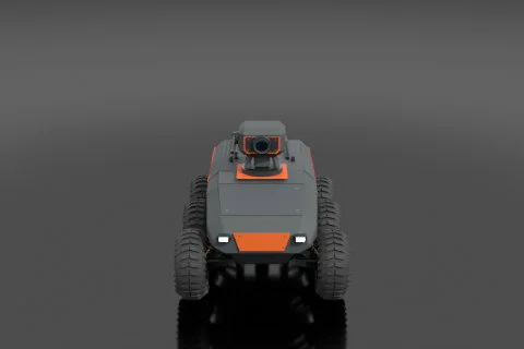Compact all-terrain scout drone, matte gray and orange chassis, rugged tires 3D model preview