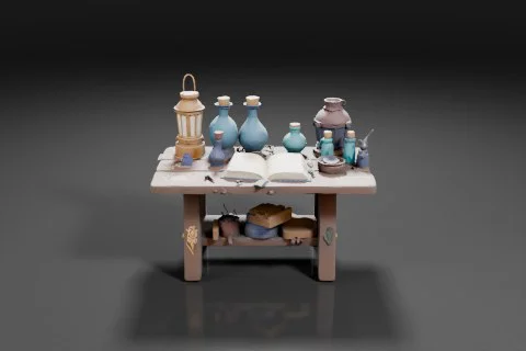 Small wooden table with a variety of decorative items on it 3D model preview