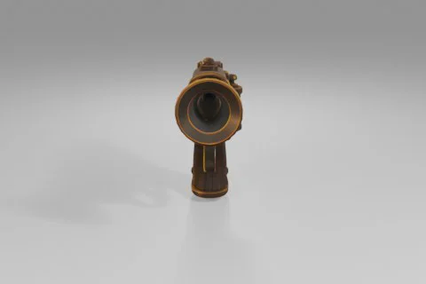 Steampunk-inspired pistol with brass gears, a wooden handle, and a blue 3D model preview