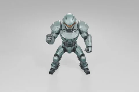 Futuristic armored figure stands confidently, wearing a green exosuit with a 3D model preview
